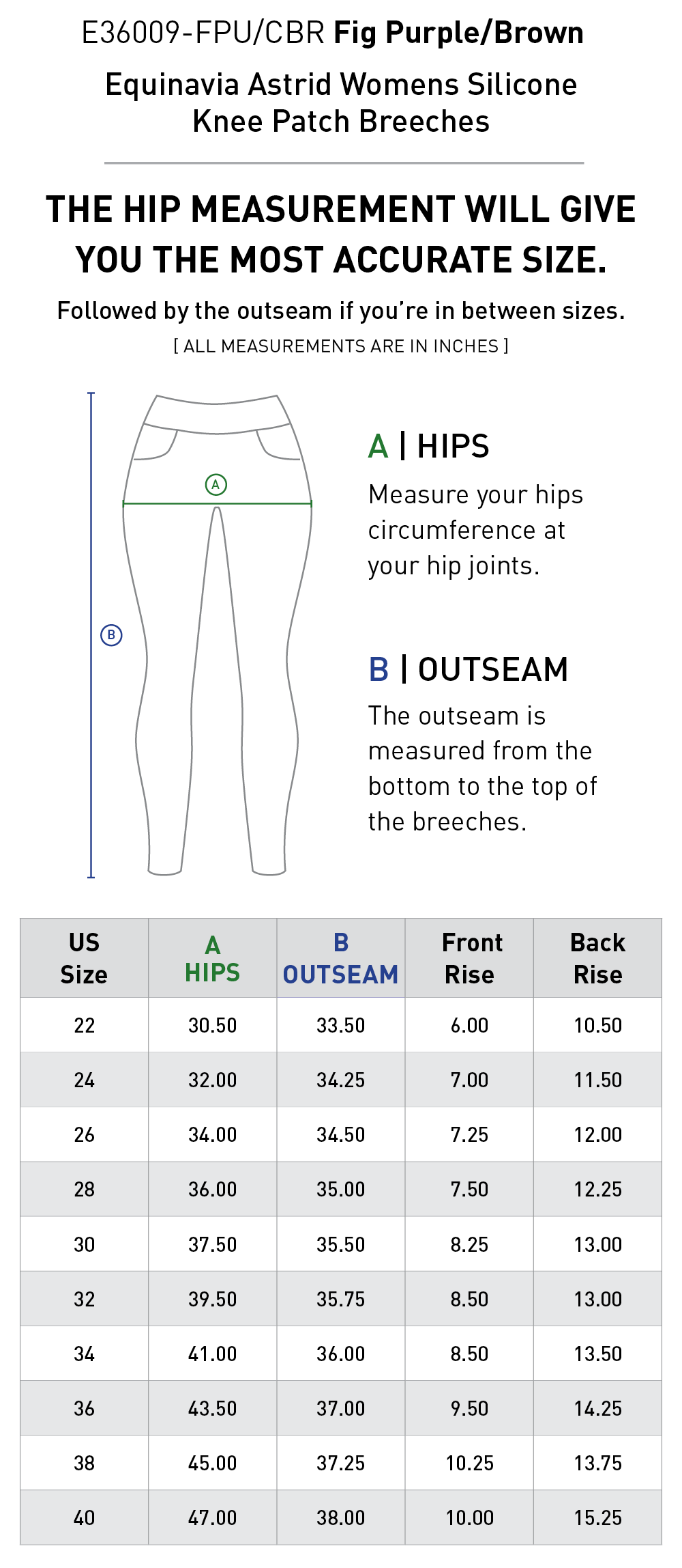Size chart: Women's Knee Patch Breeches & Tights