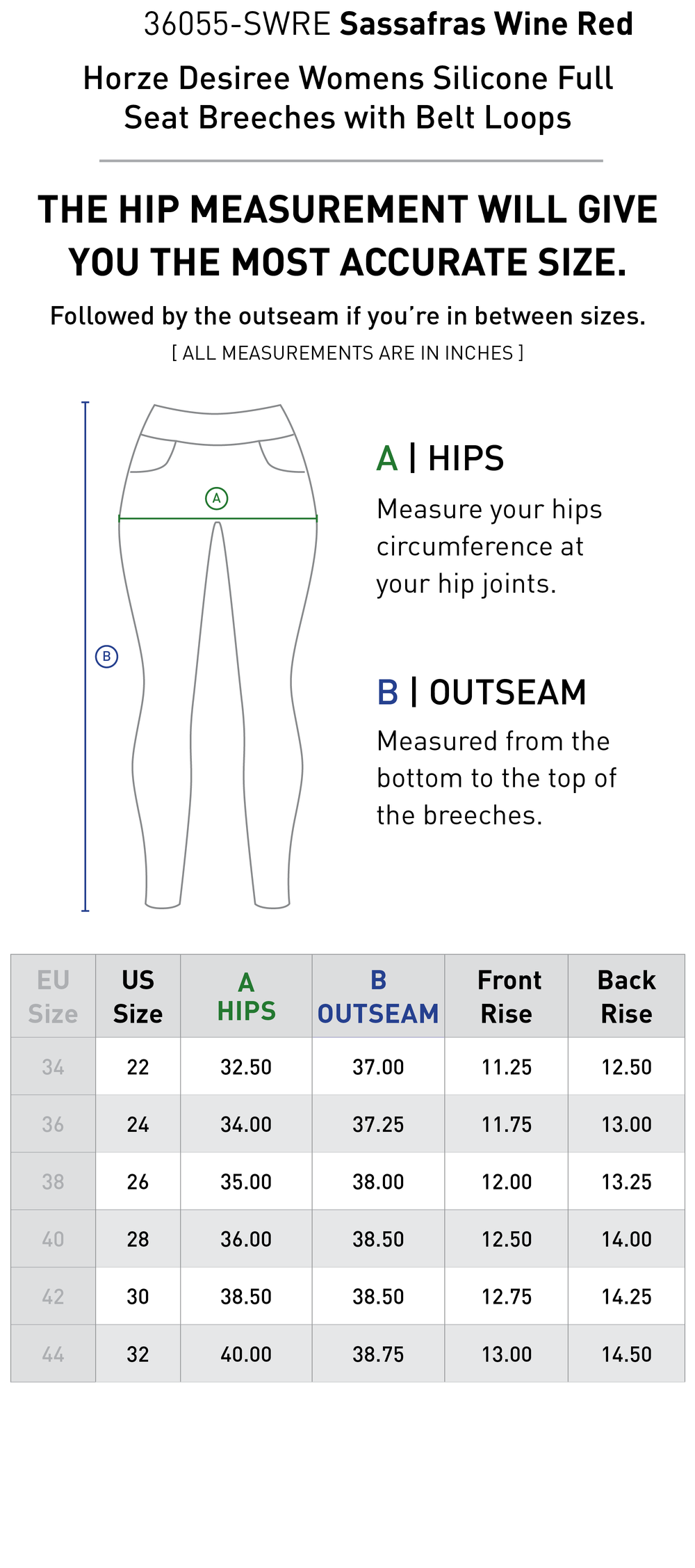 Size chart: Women's Full Seat Breeches & Tights