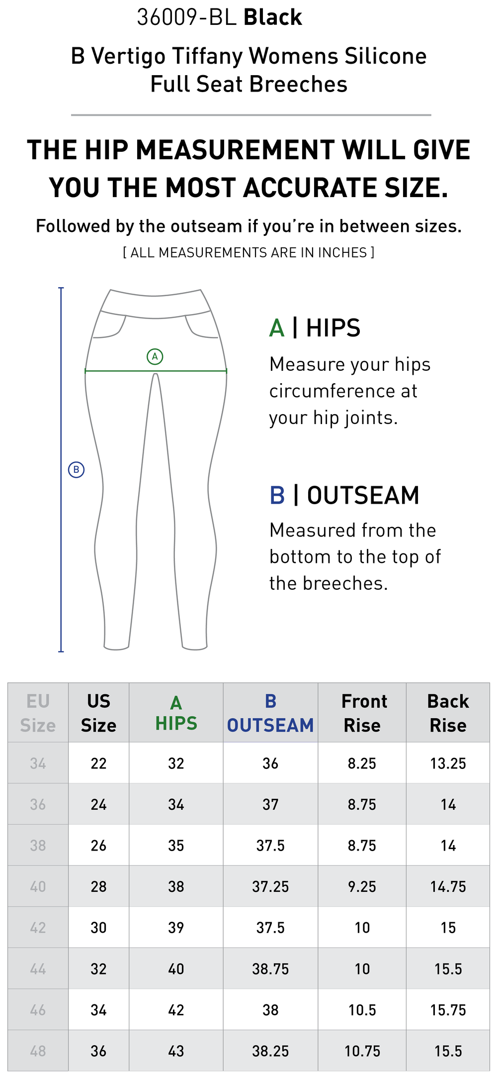 Size chart: Women's Full Seat Breeches & Tights