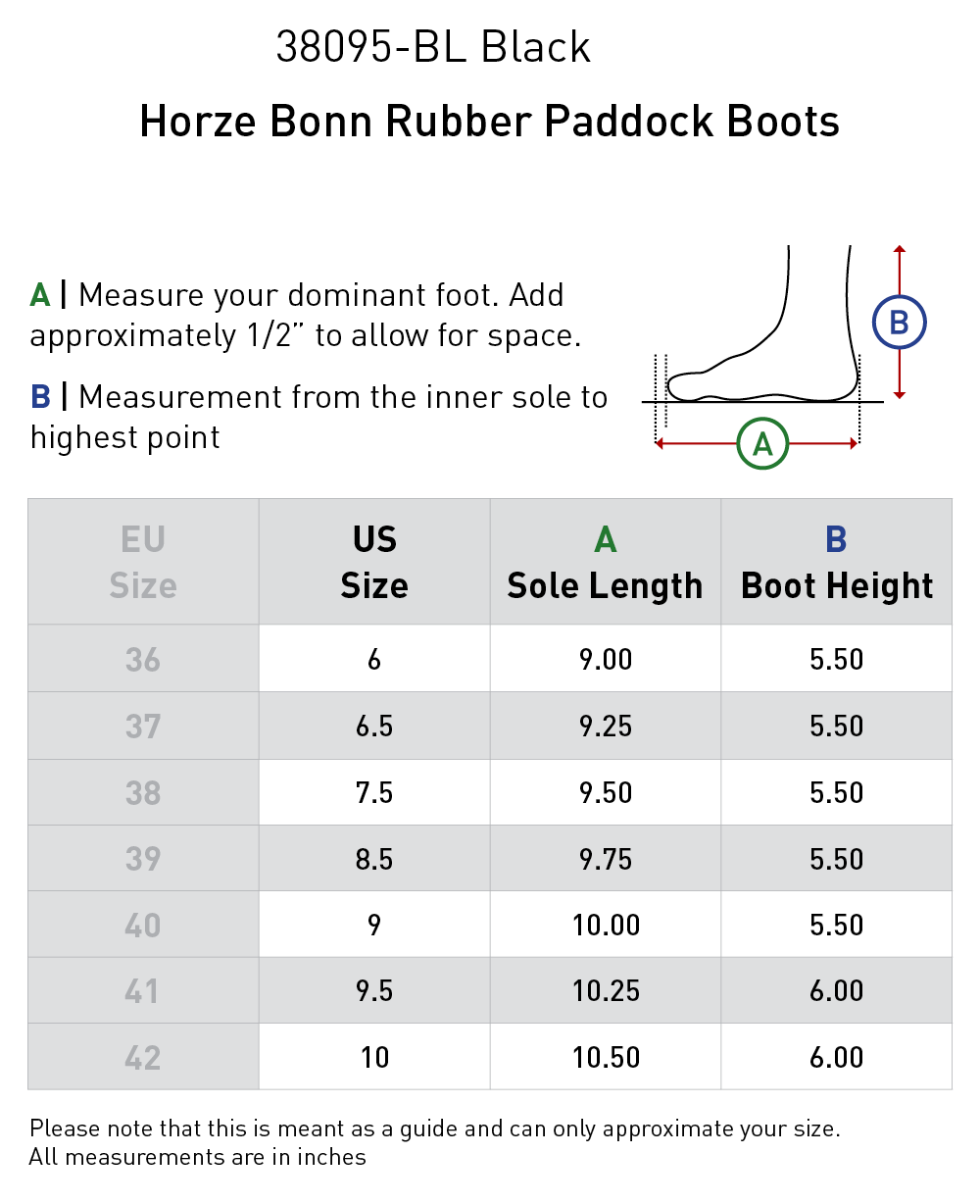 Size chart: Paddock Boots