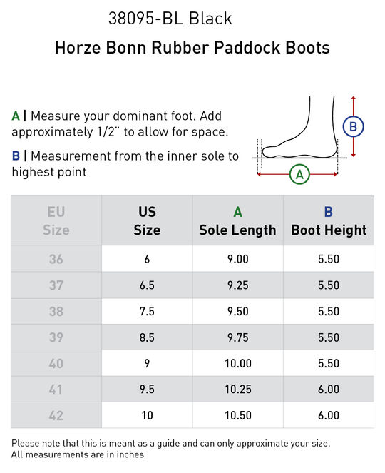 Size chart: Paddock Boots