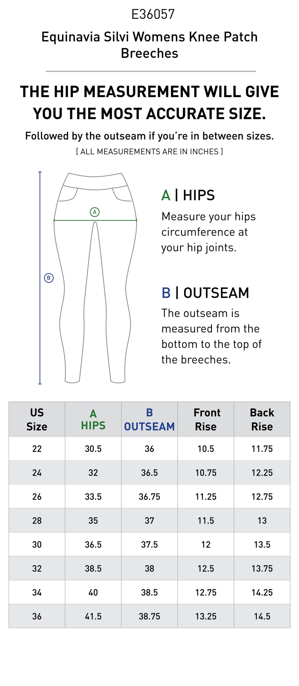 Size chart: Women's Knee Patch Breeches & Tights