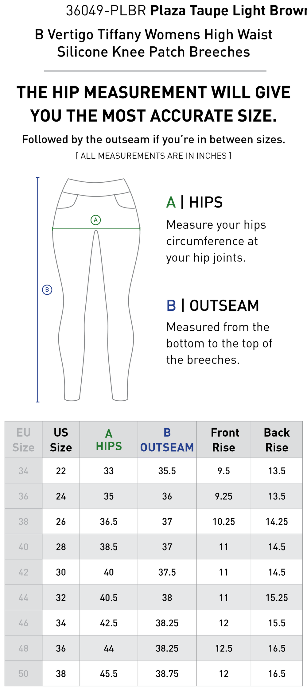Size chart: Women's Knee Patch Breeches & Tights