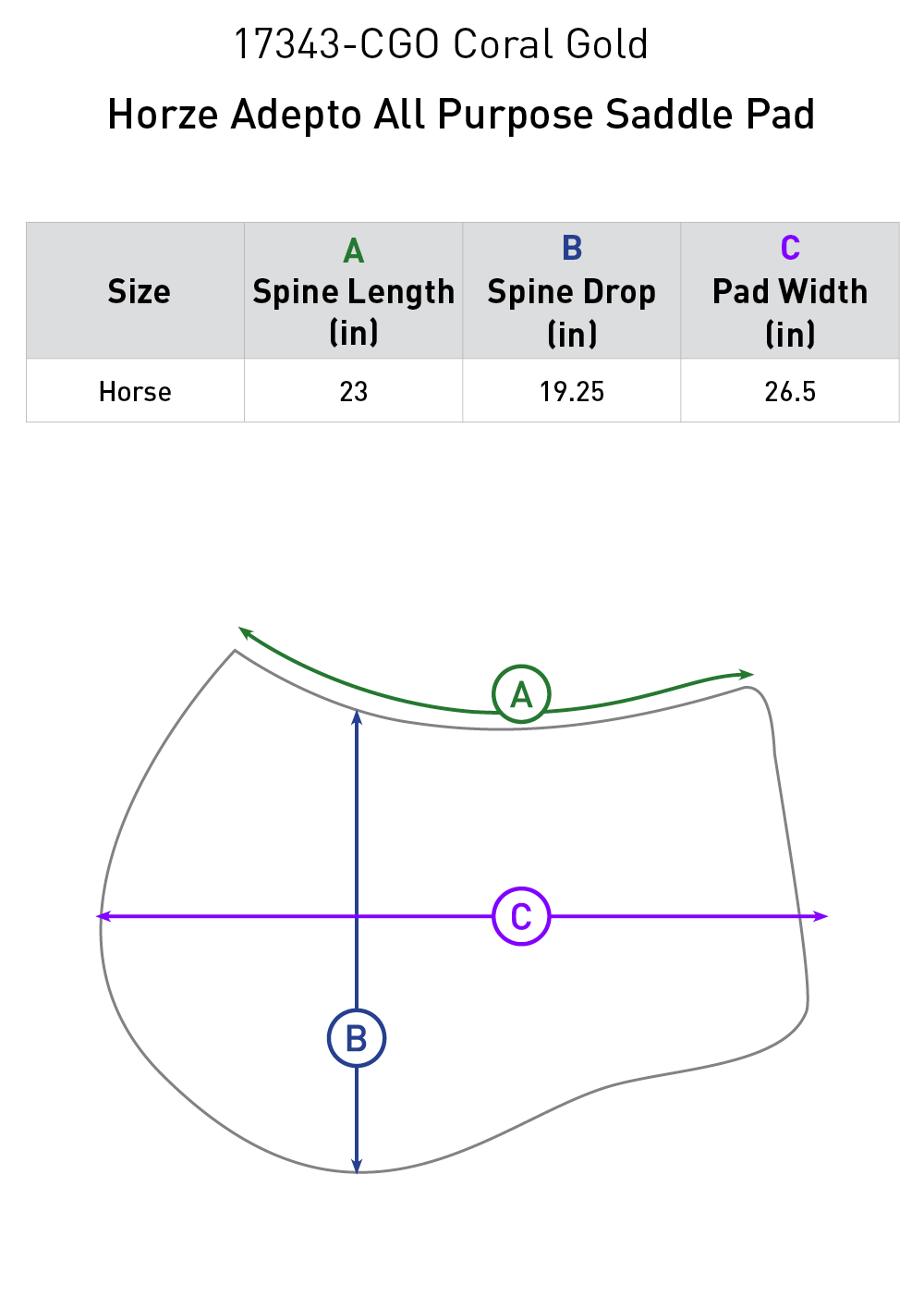 Size chart: Square All Purpose Saddle Pads