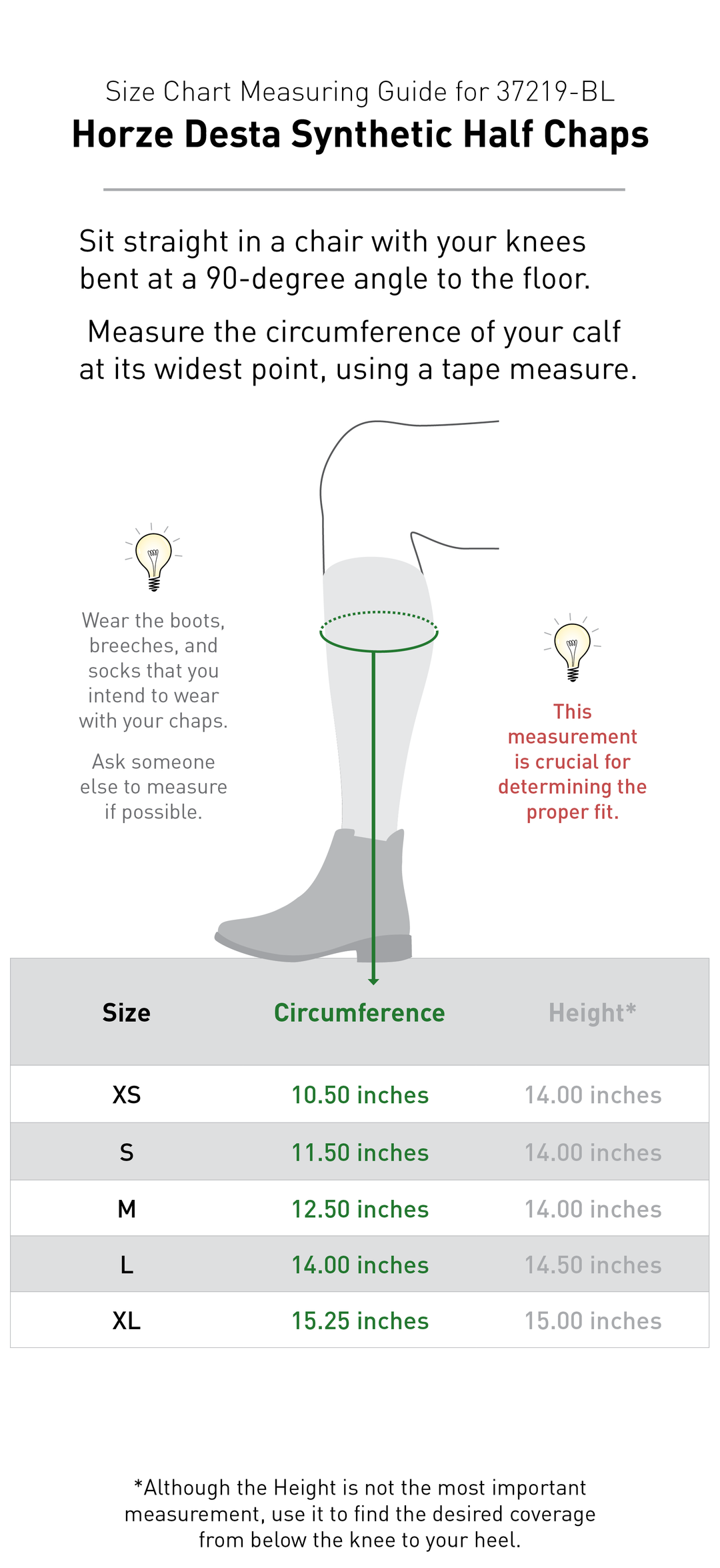 Size chart: Half Chaps