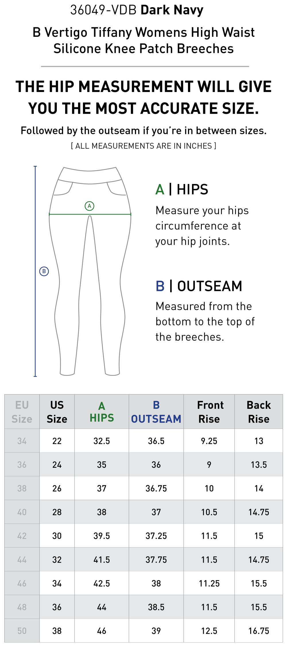 Size chart: Women's Knee Patch Breeches & Tights