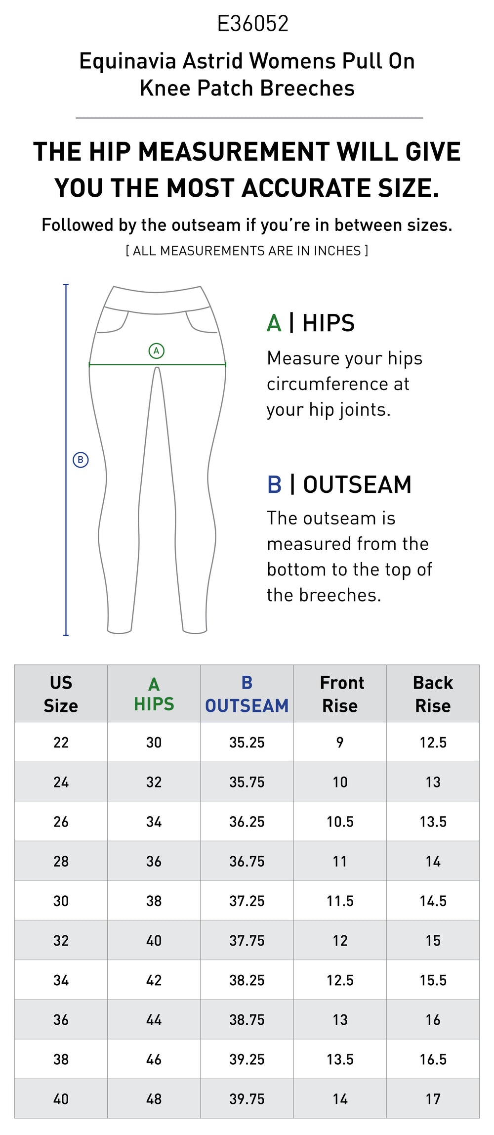 Size chart: Women's Knee Patch Breeches & Tights
