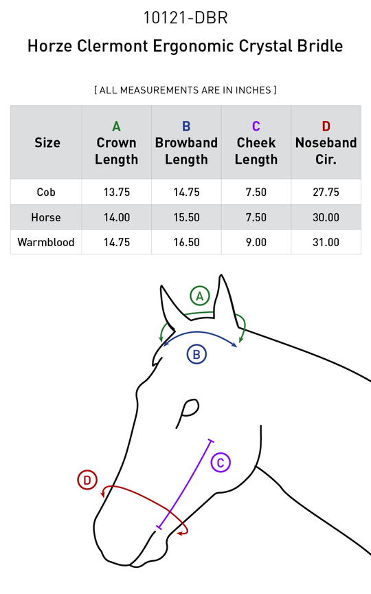 Size chart: English Bridles