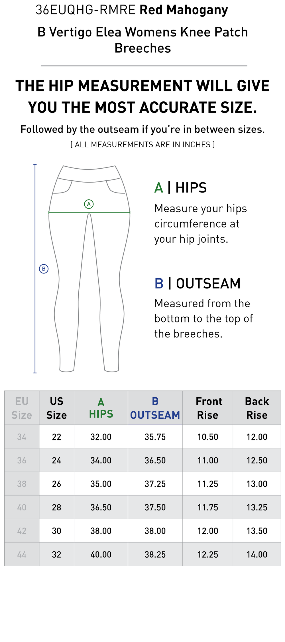 Size chart: Women's Knee Patch Breeches & Tights