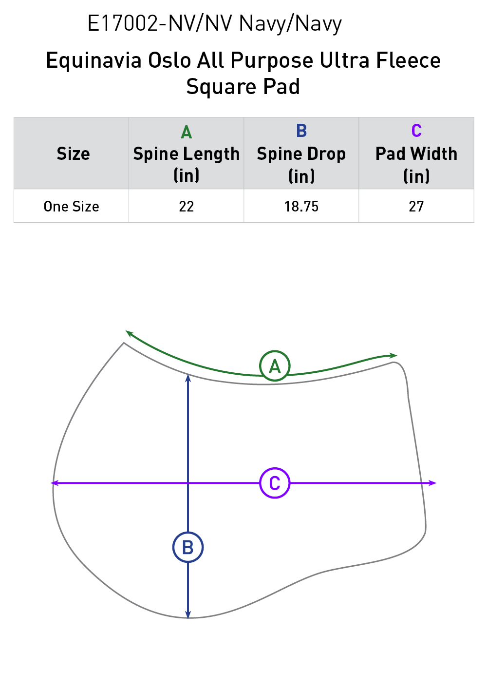 Size chart: Square All Purpose Saddle Pads