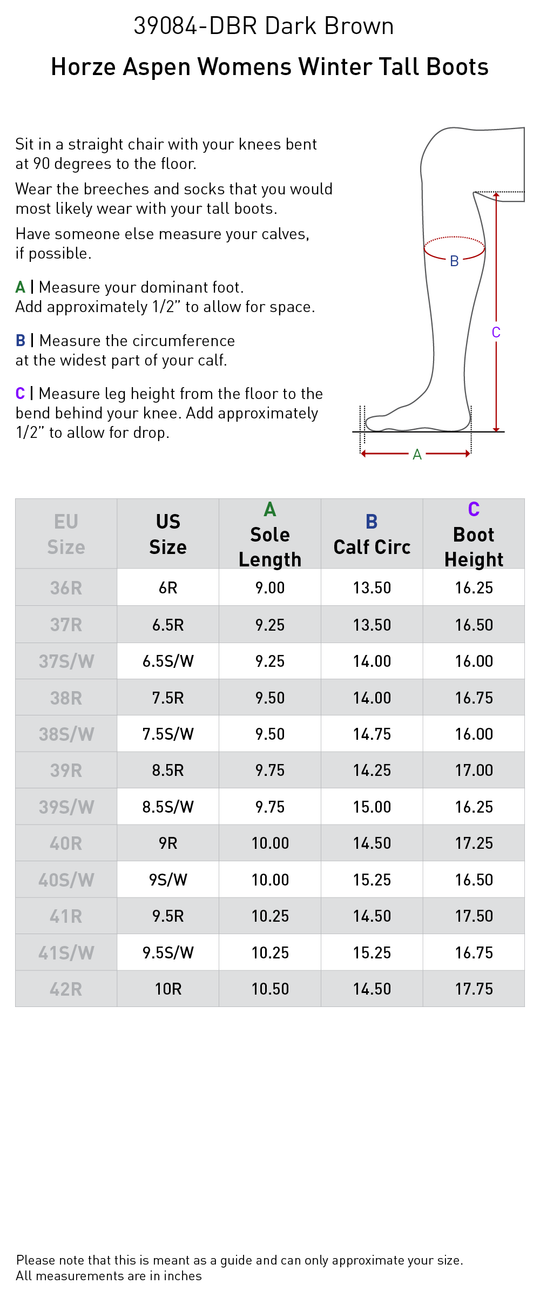 Size chart: Winter Tall Riding Boots