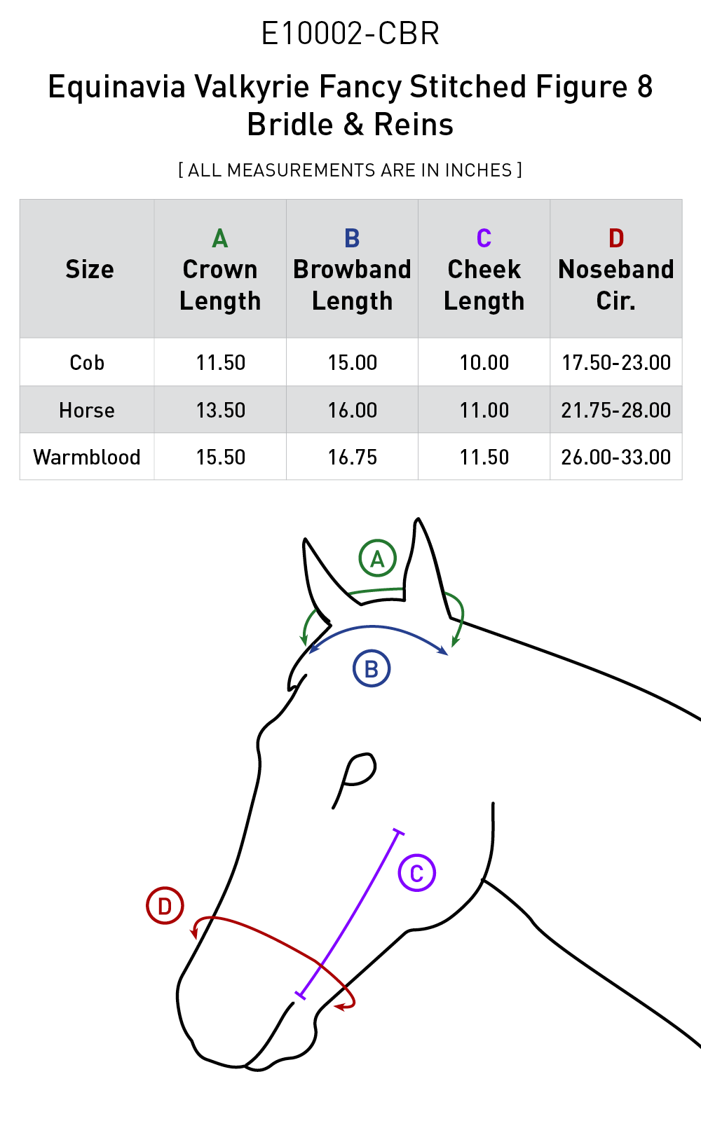 Size chart: English Bridles