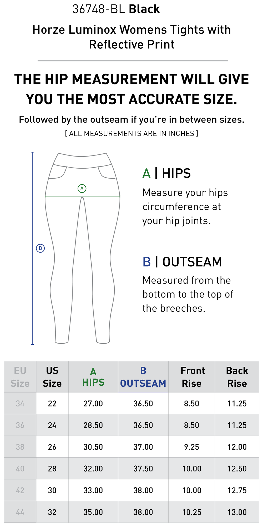 Size chart: Women's Full Seat Breeches & Tights
