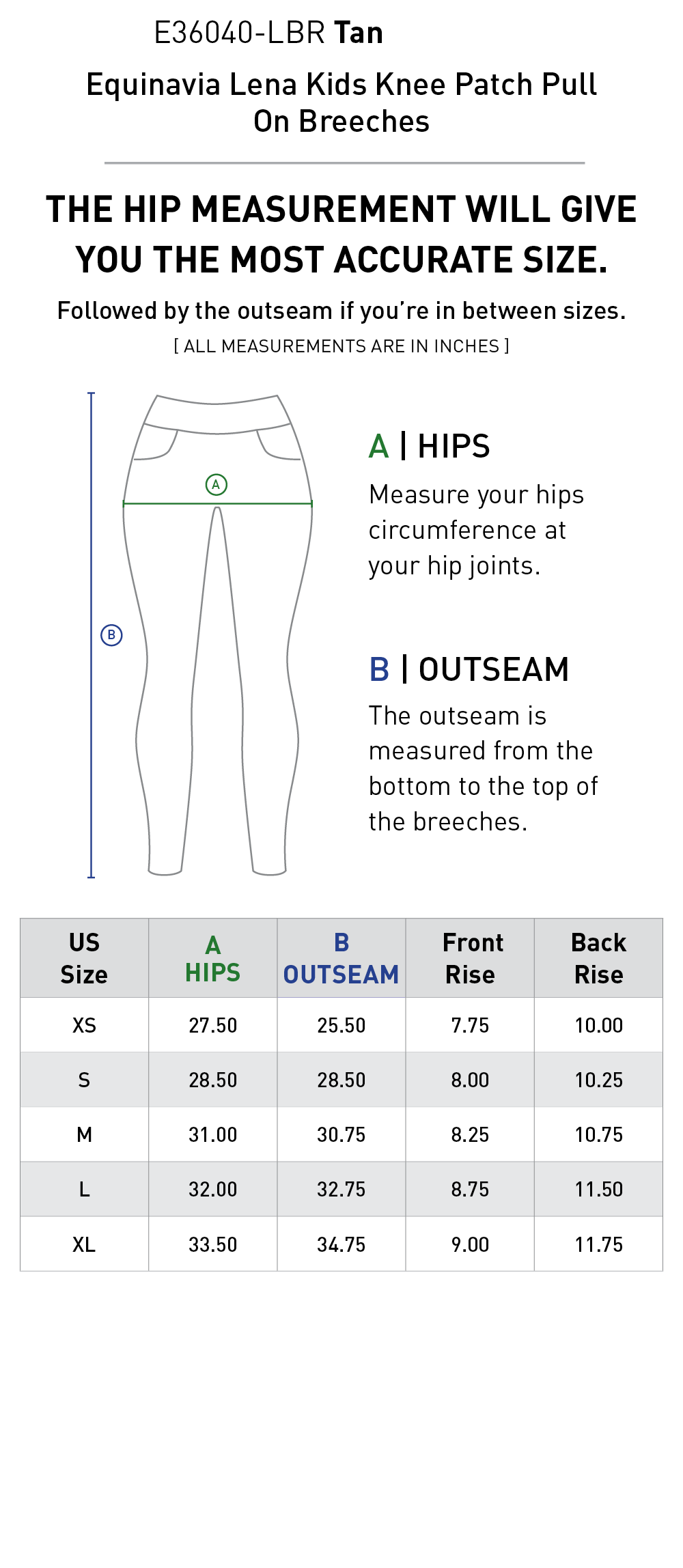 Size chart: Kid's Knee Patch Breeches & Tights