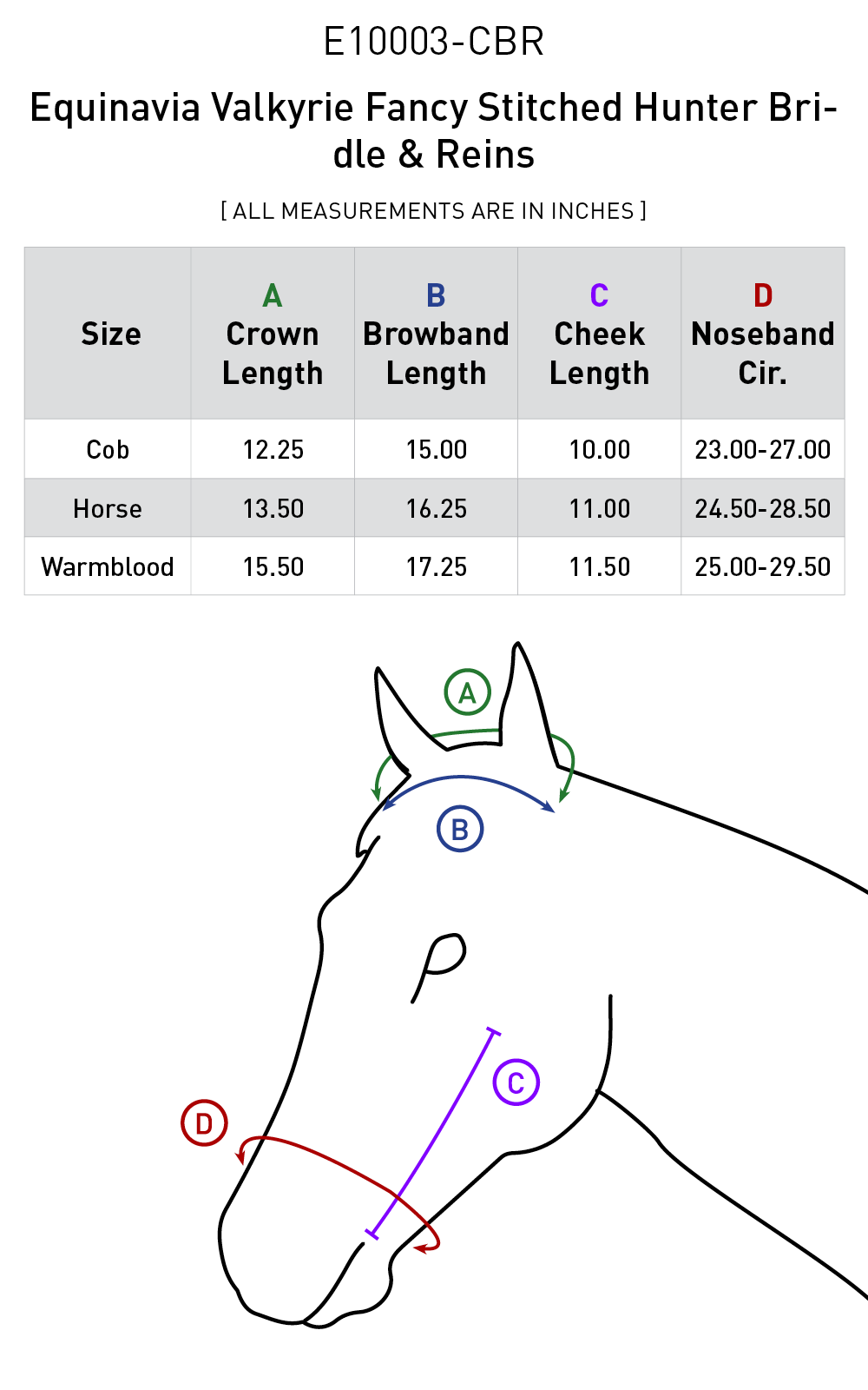 Size chart: English Bridles