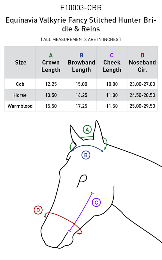 Size chart: English Bridles