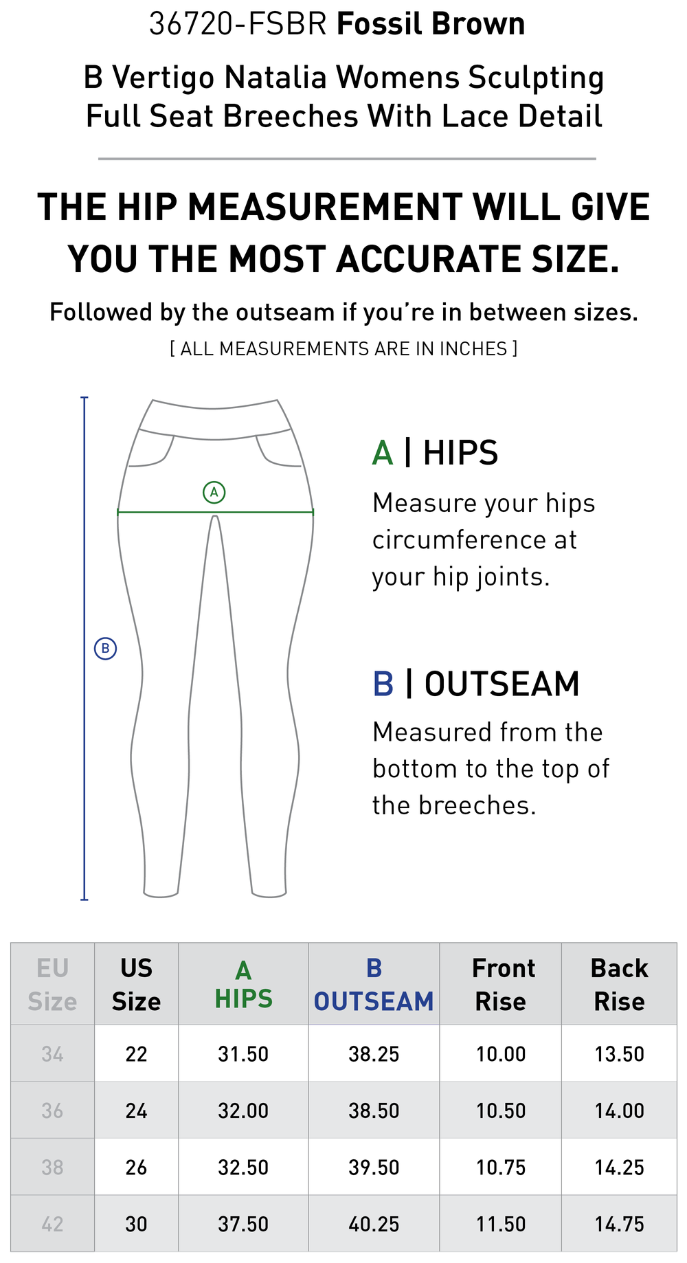 Size chart: Women's Full Seat Breeches & Tights