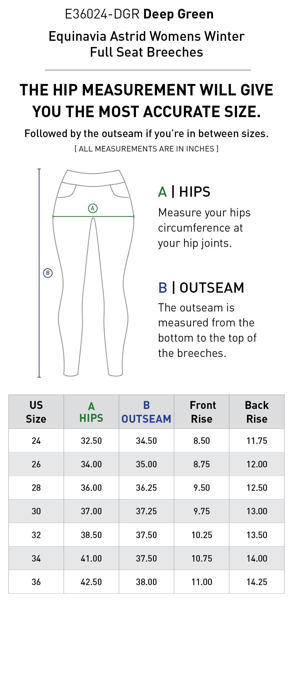 Size chart: Women's Full Seat Breeches & Tights