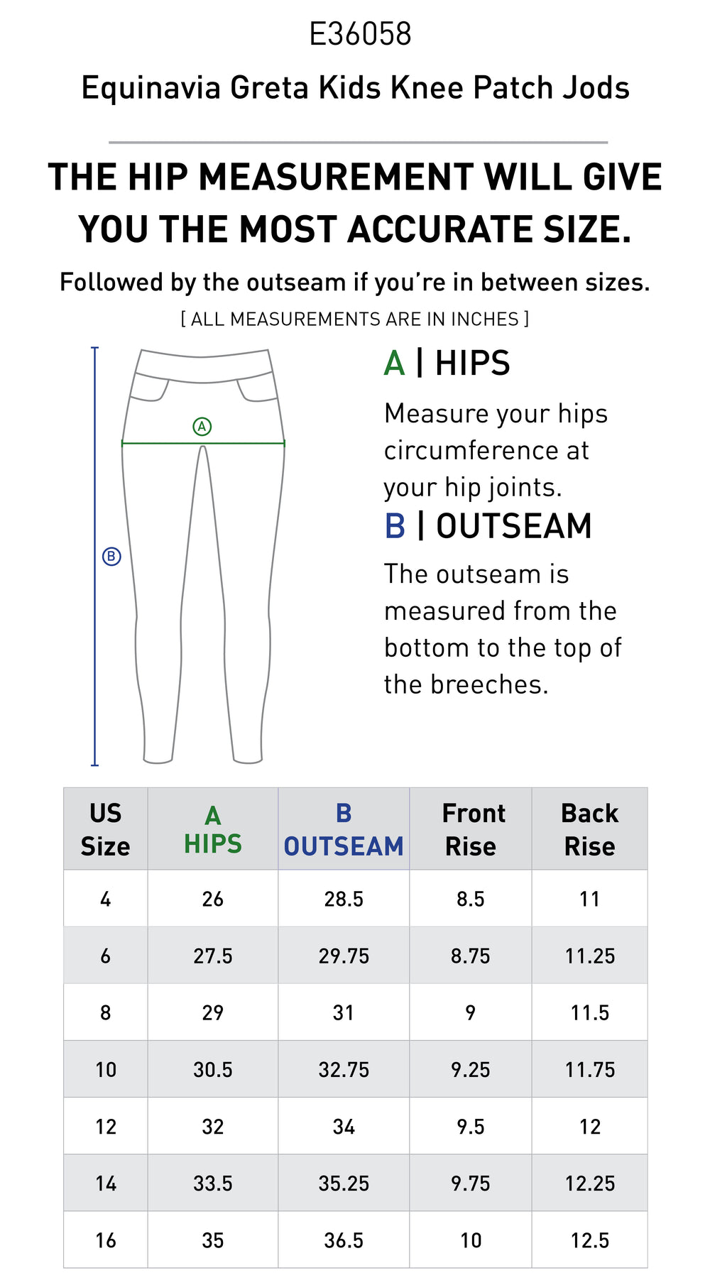 Size chart: Kid's Jodhpurs
