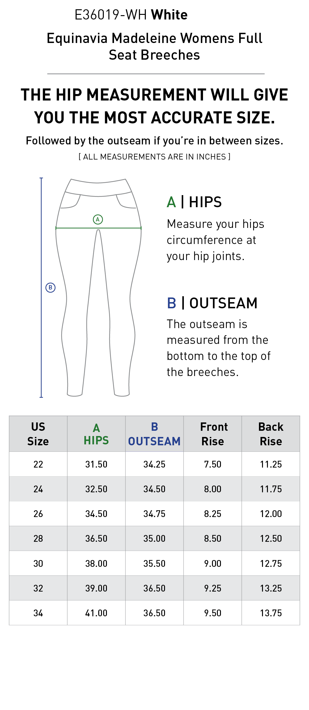 Size chart: Women's Full Seat Breeches & Tights