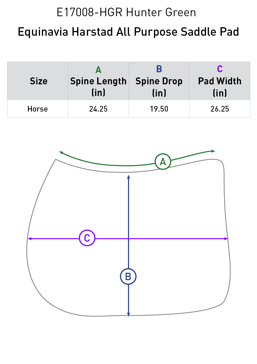Size chart: Square All Purpose Saddle Pads