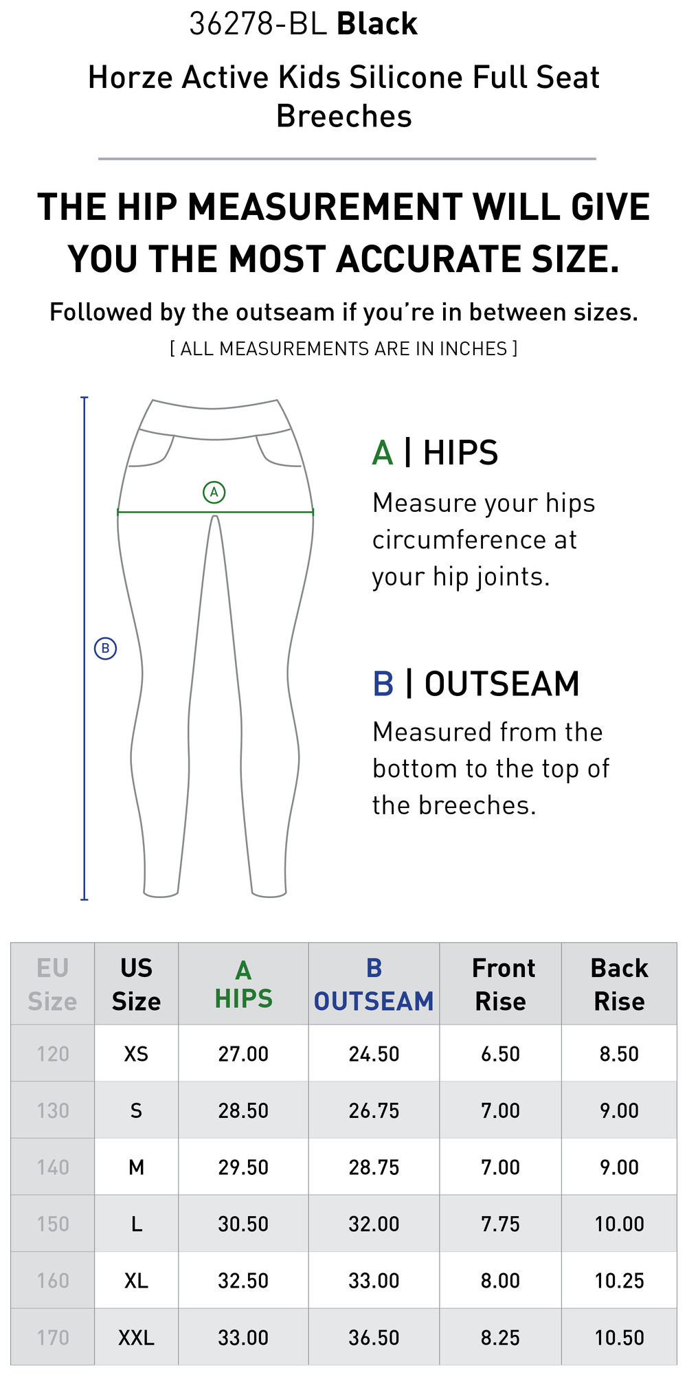 Size chart: Kid's Full Seat Breeches & Tights