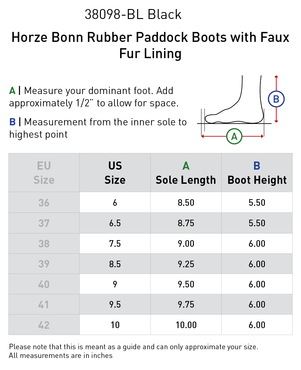 Size chart: Paddock Boots
