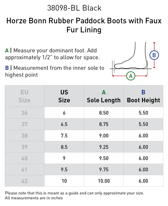Size chart: Paddock Boots