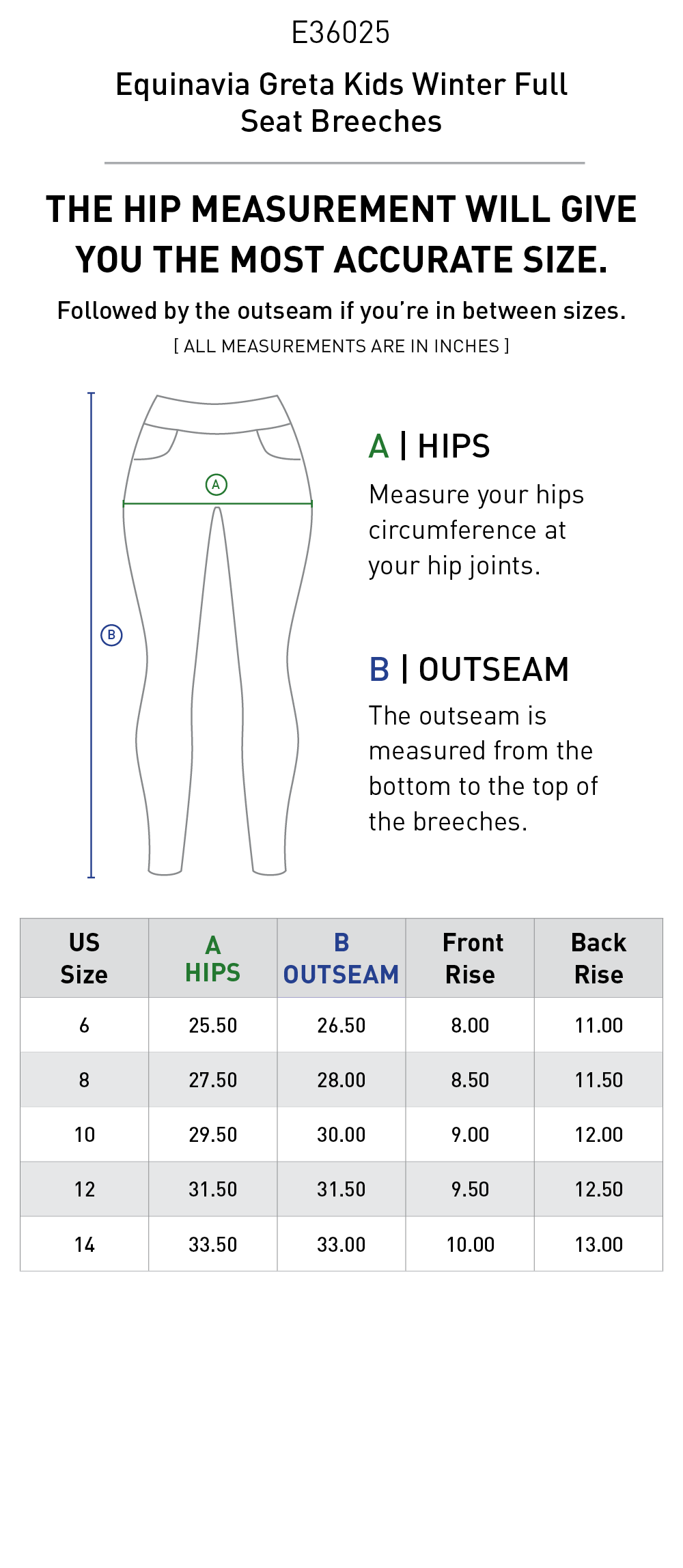 Size chart: Kid's Full Seat Breeches & Tights