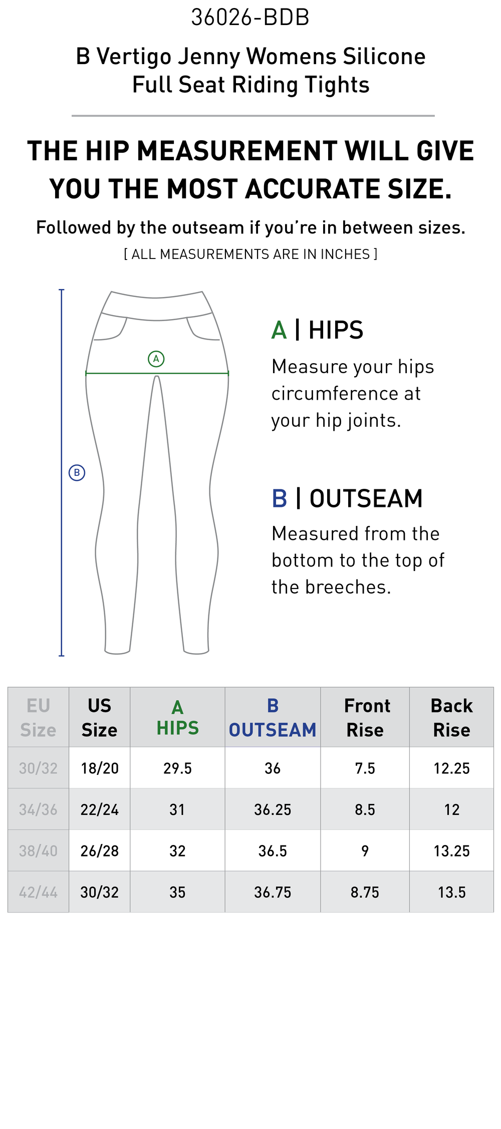 Size chart: Women's Full Seat Breeches & Tights