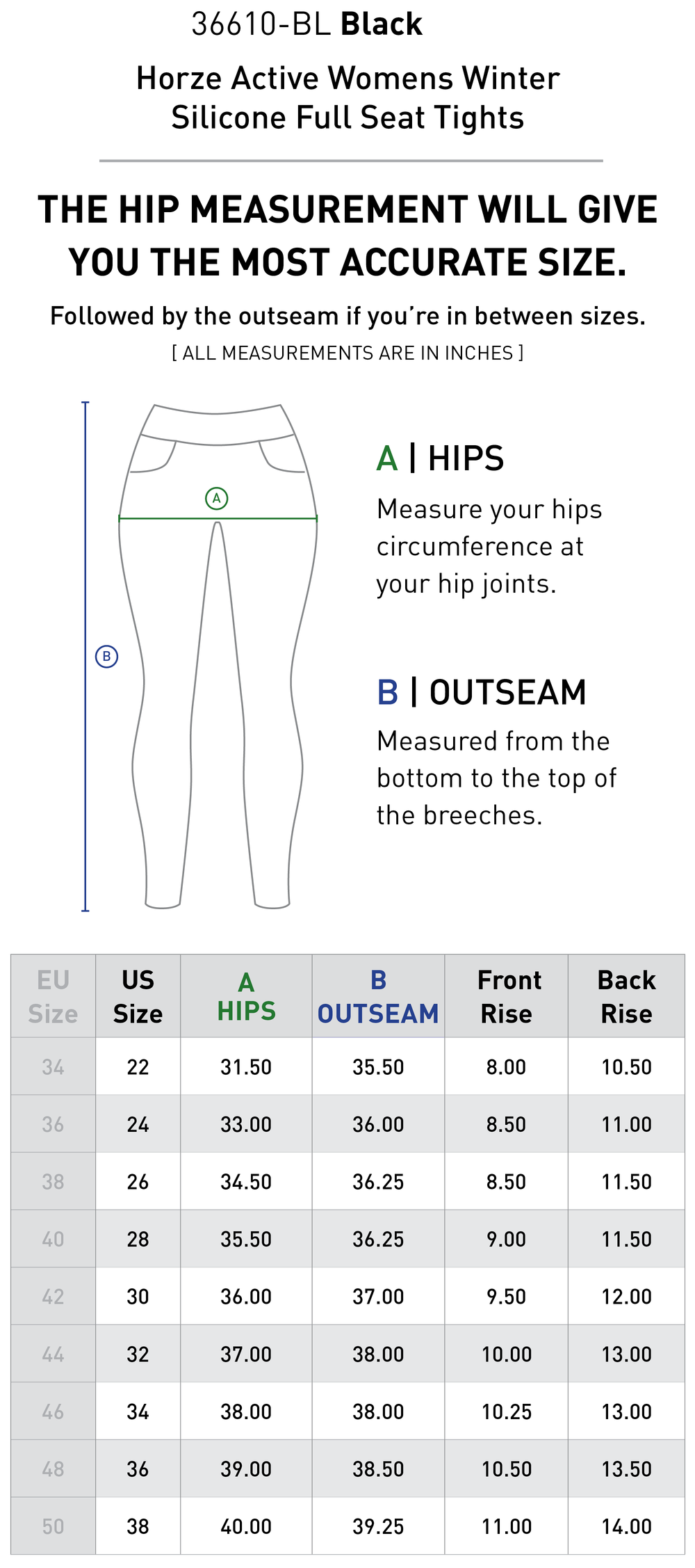 Size chart: Women's Full Seat Breeches & Tights