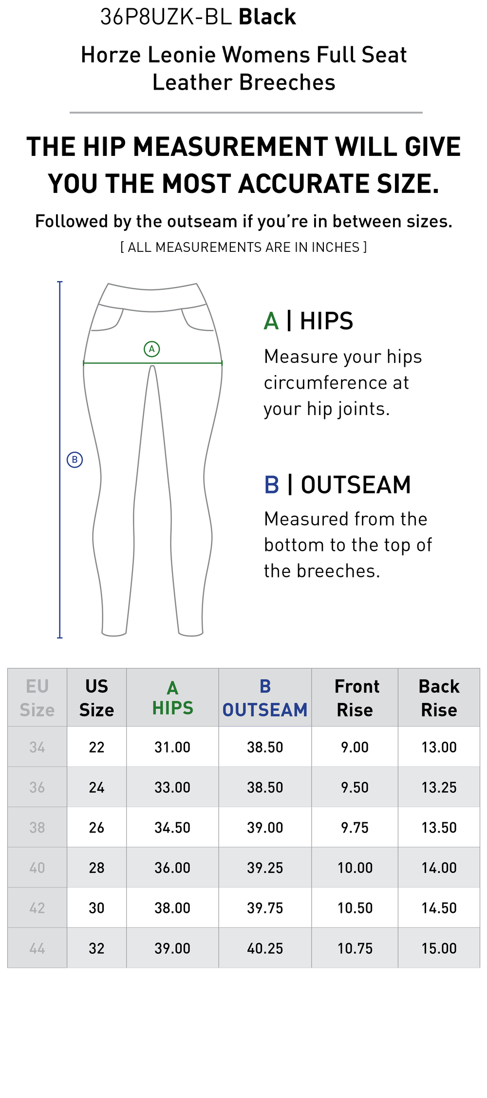 Size chart: Women's Full Seat Breeches & Tights