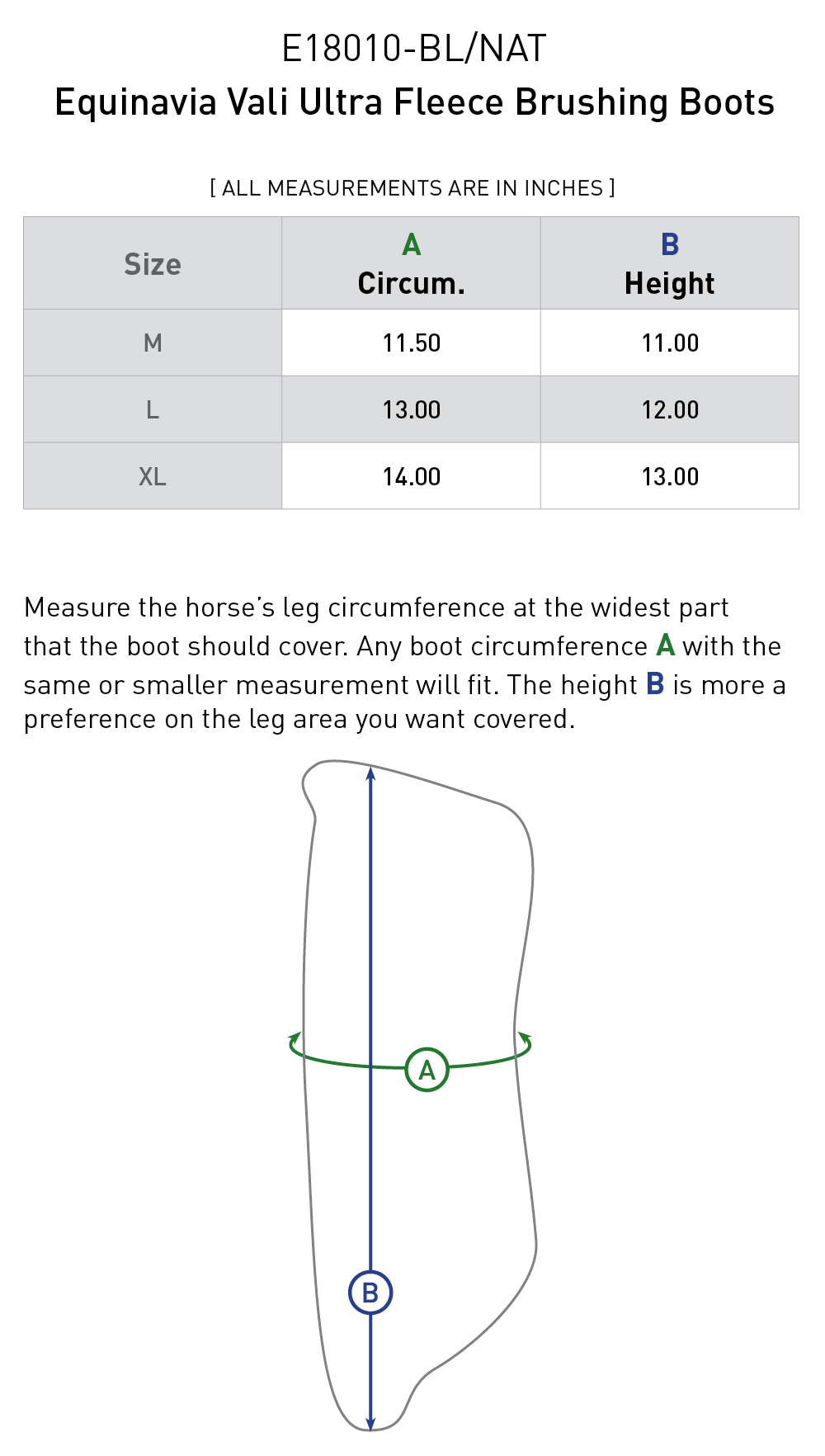 Size chart: Tendon/Galloping Boots