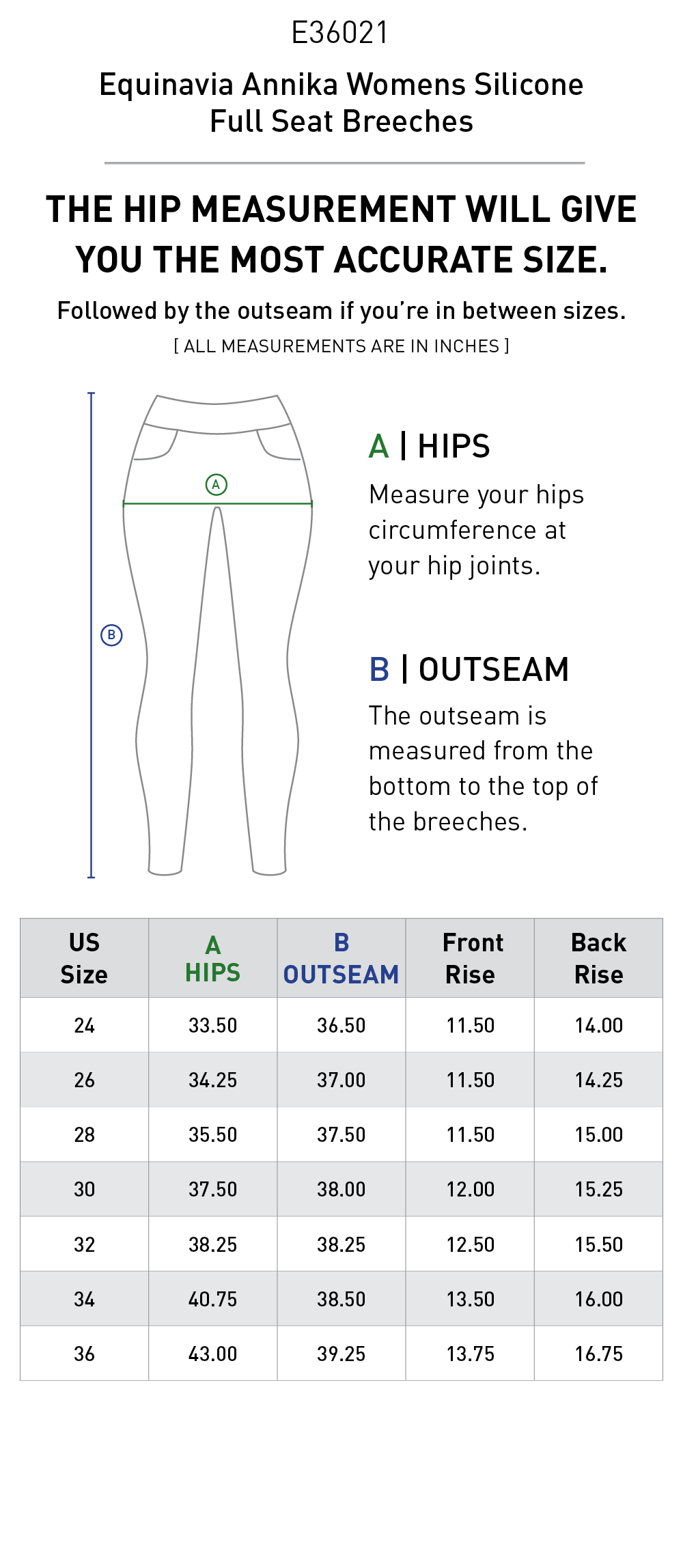 Size chart: Women's Full Seat Breeches & Tights