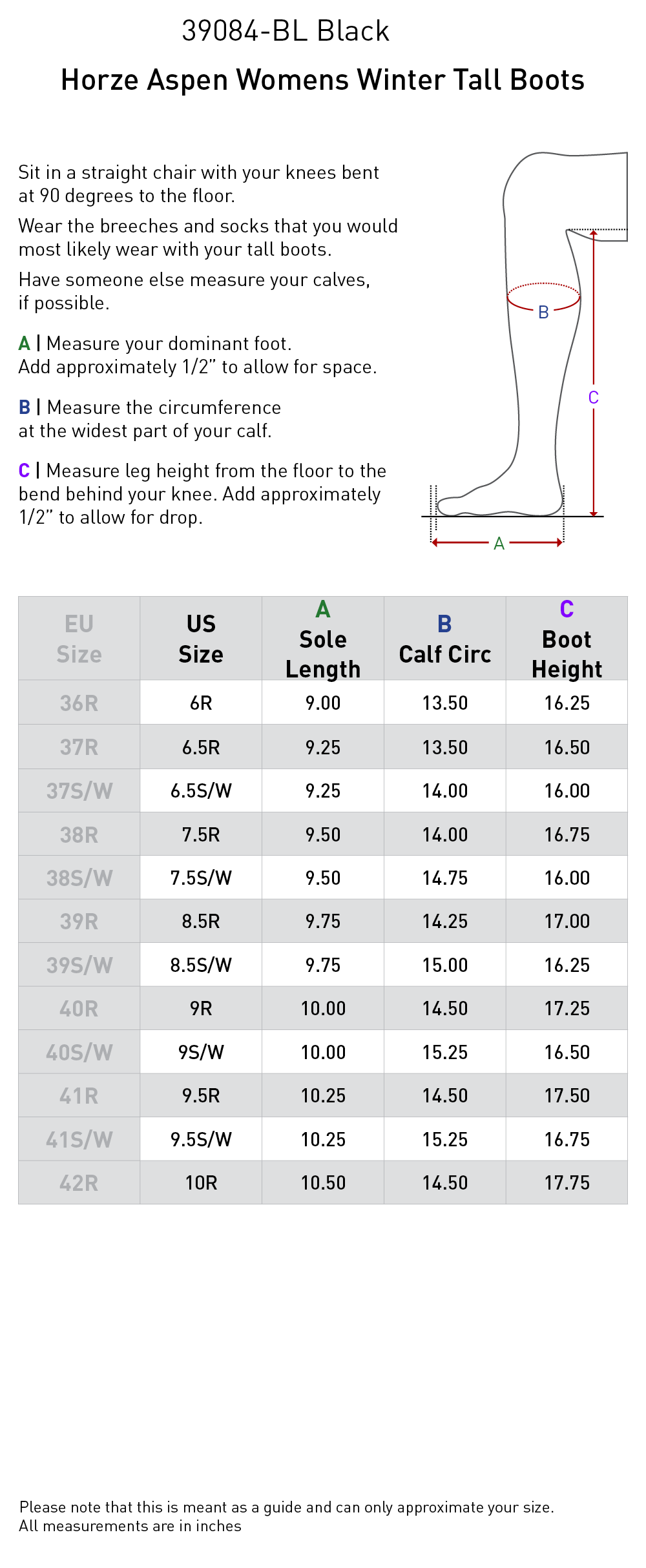 Size chart: Winter Tall Riding Boots