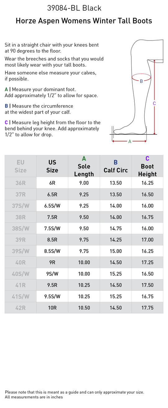 Size chart: Winter Tall Riding Boots