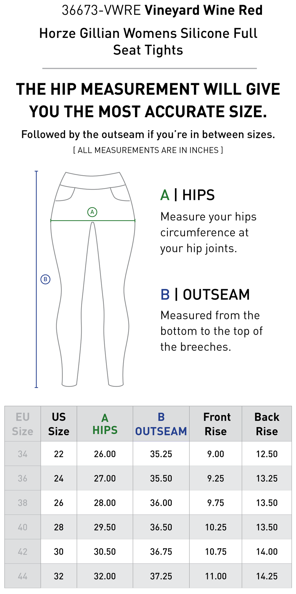 Size chart: Women's Full Seat Breeches & Tights