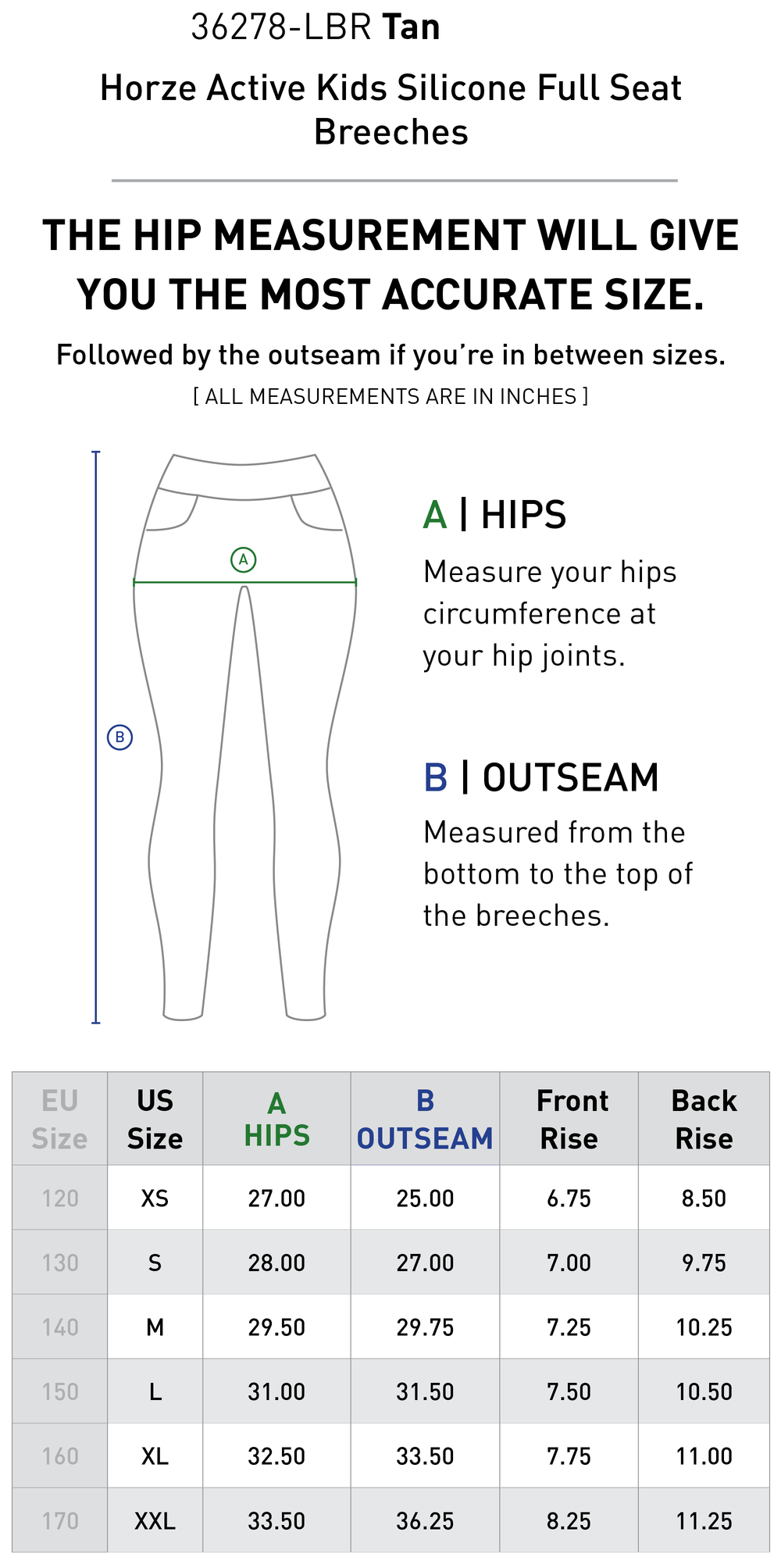 Size chart: Kid's Full Seat Breeches & Tights