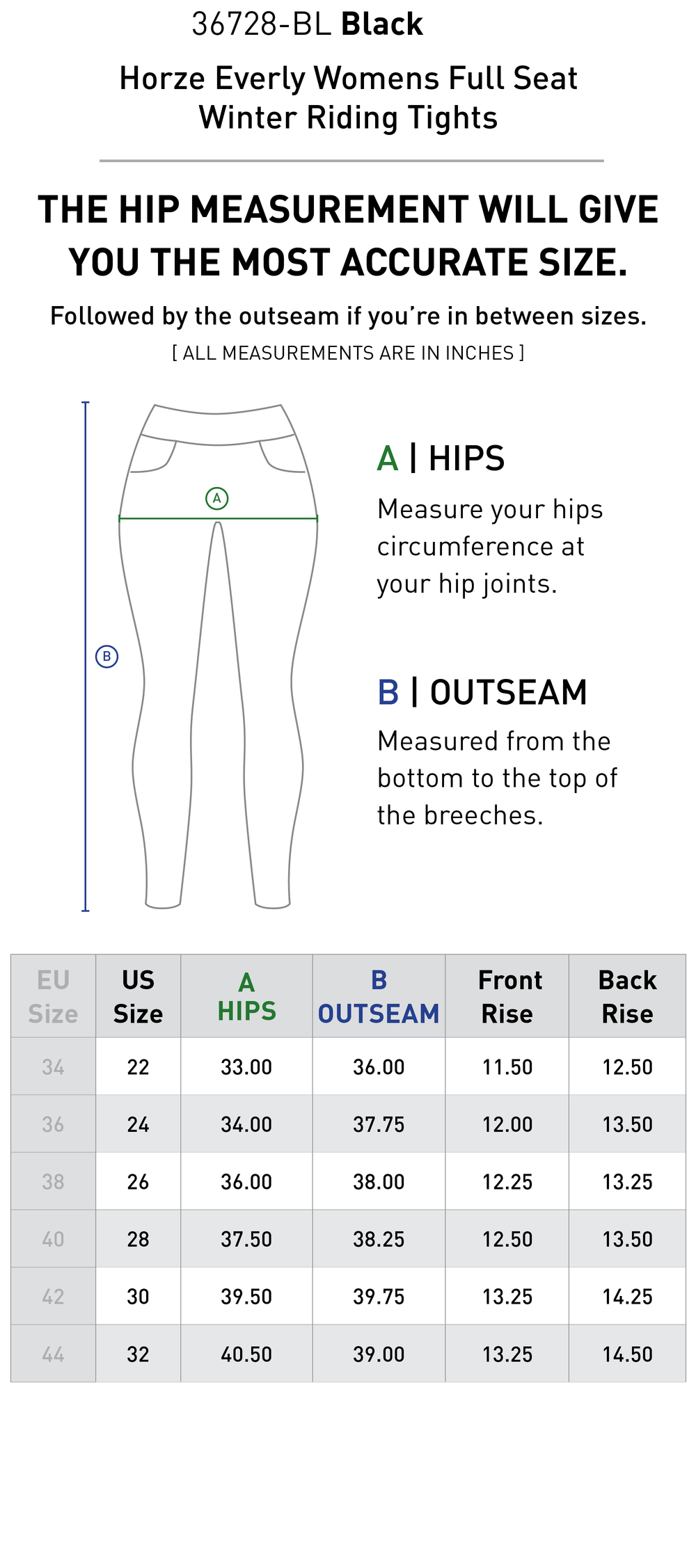 Size chart: Women's Full Seat Breeches & Tights