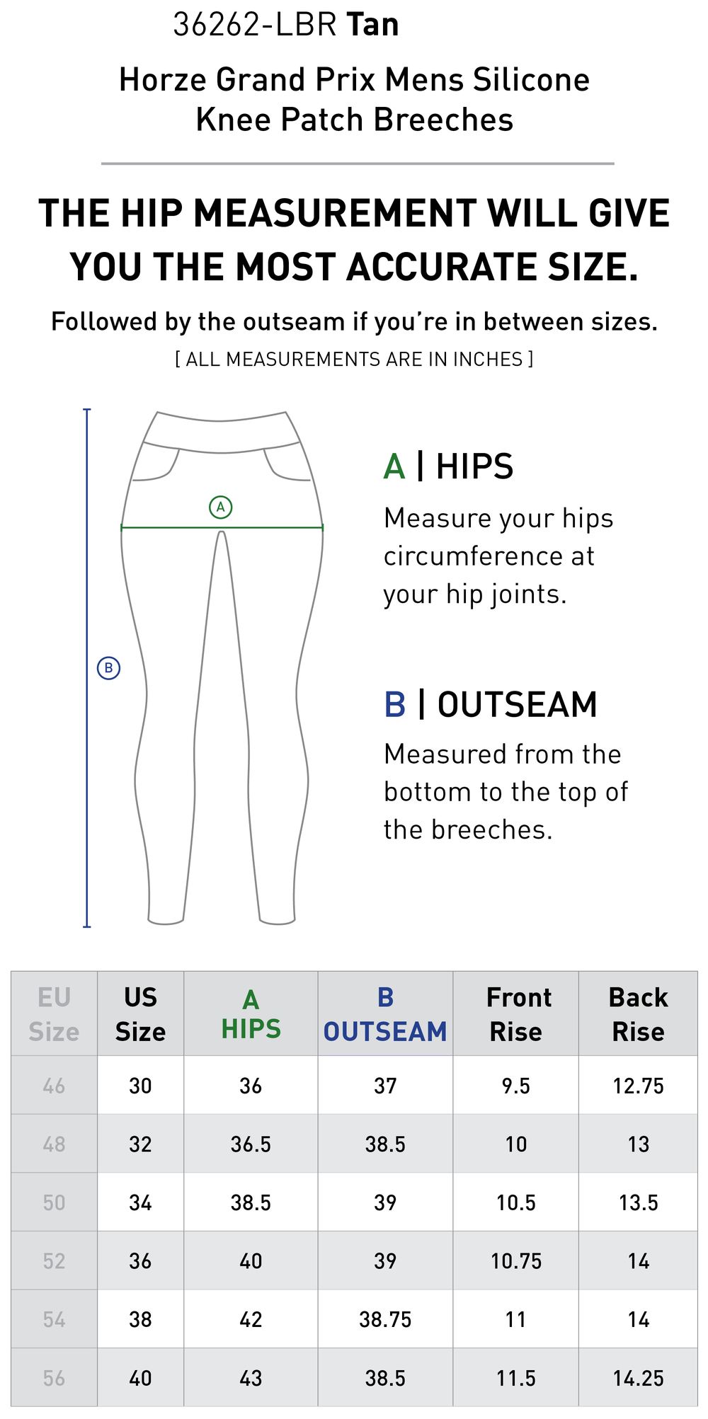 Size chart: Men's Riding Breeches