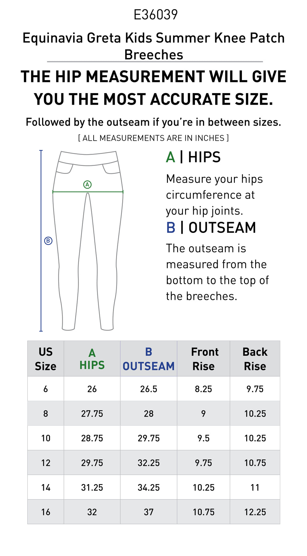 Size chart: Kid's Knee Patch Breeches & Tights