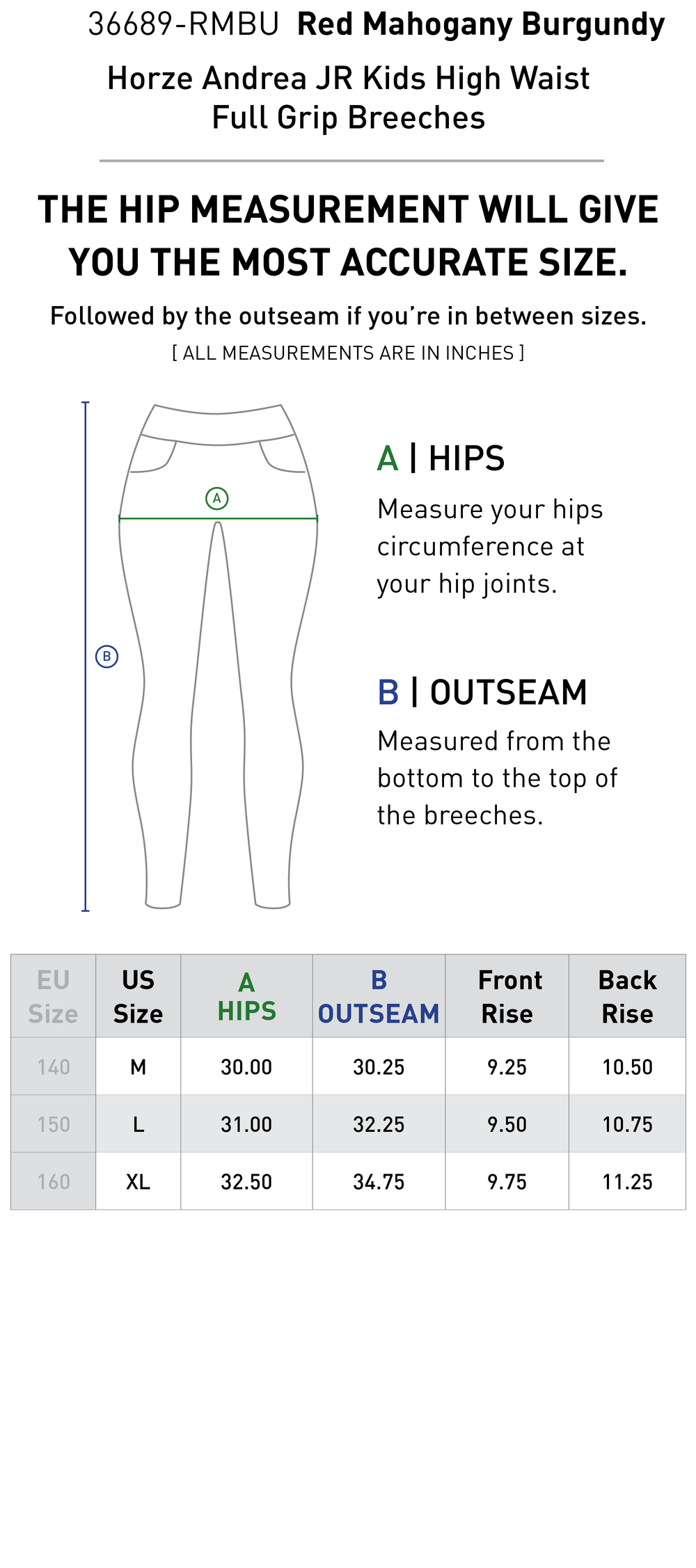 Size chart: Kid's Full Seat Breeches & Tights