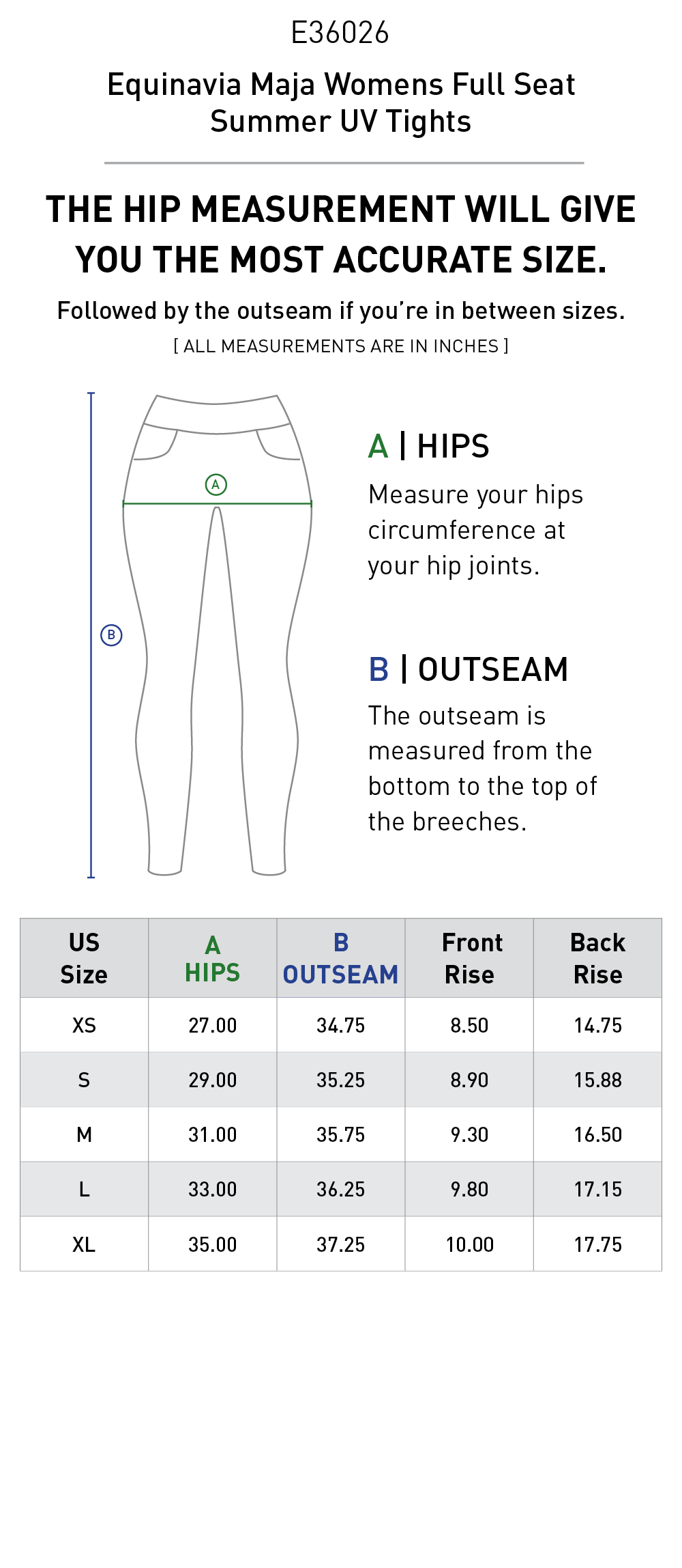 Size chart: Women's Full Seat Breeches & Tights