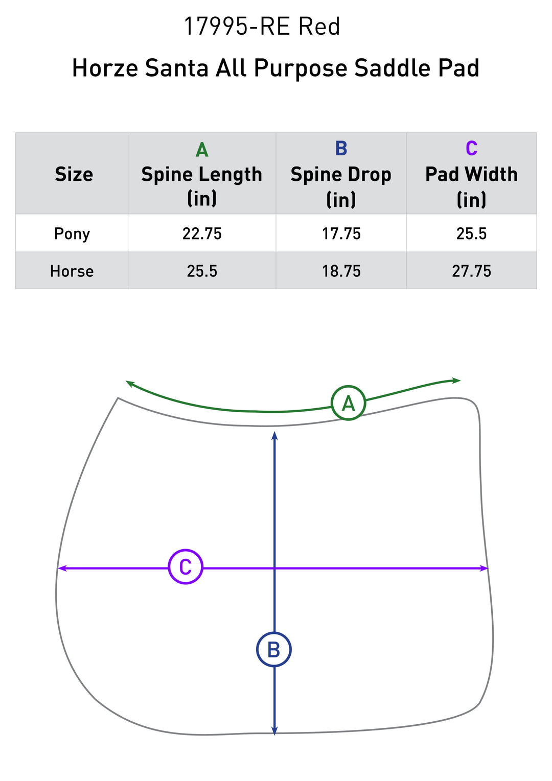 Size chart: Square All Purpose Saddle Pads