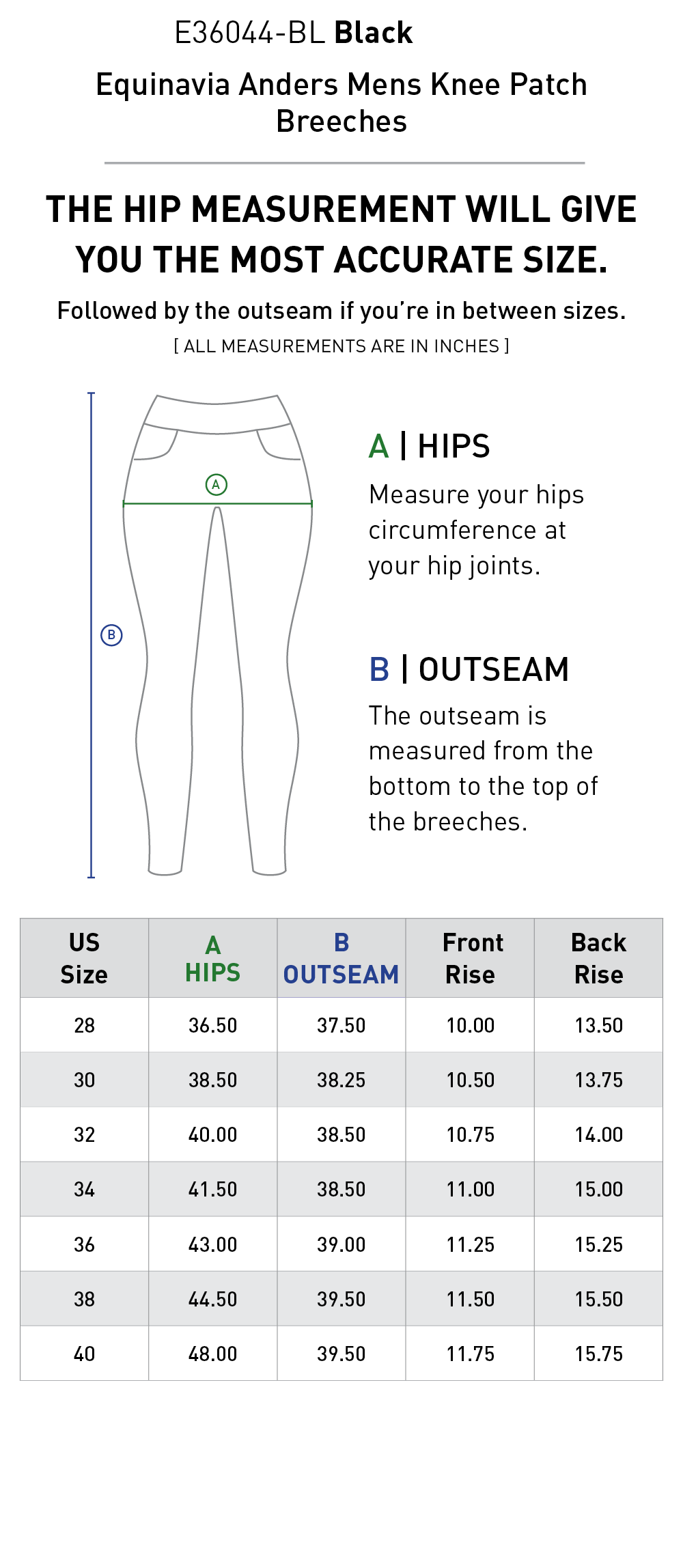 Size chart: Men's Riding Breeches