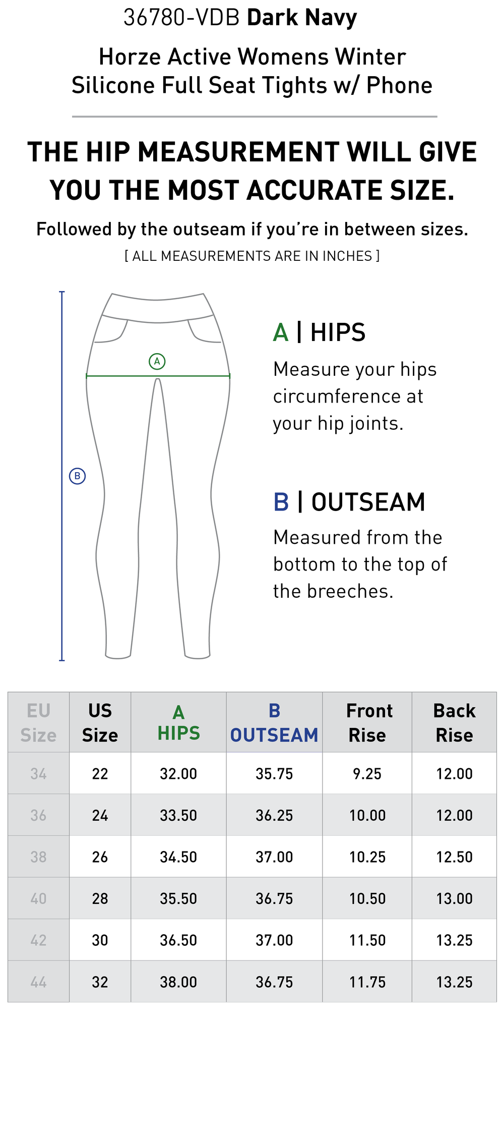 Size chart: Women's Full Seat Breeches & Tights