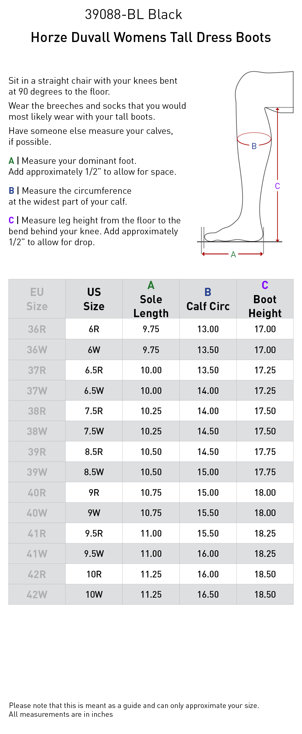 Size chart: Dress & Dressage Boots