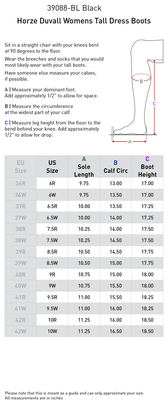 Size chart: Dress &amp; Dressage Boots