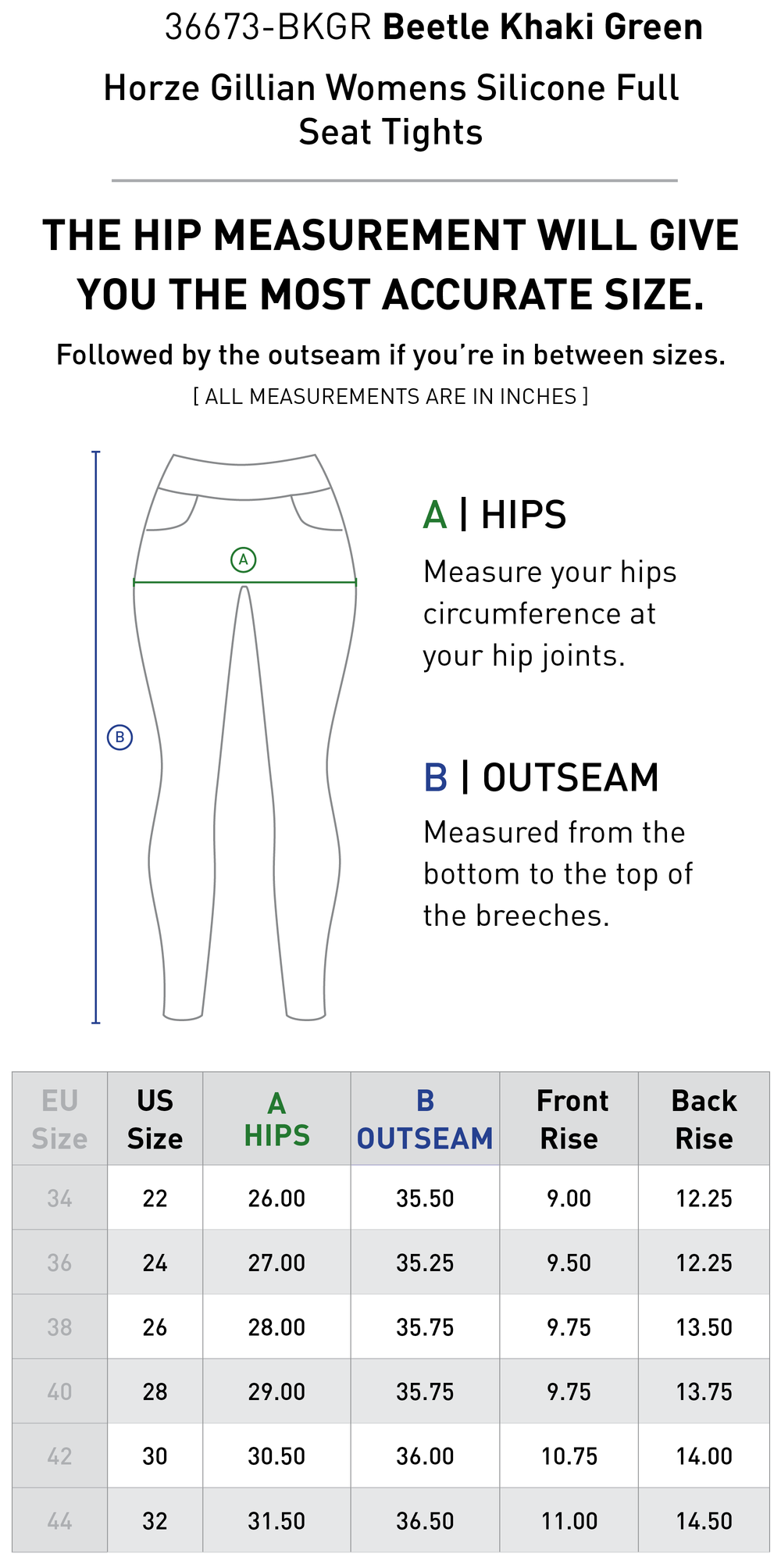 Size chart: Women's Full Seat Breeches & Tights