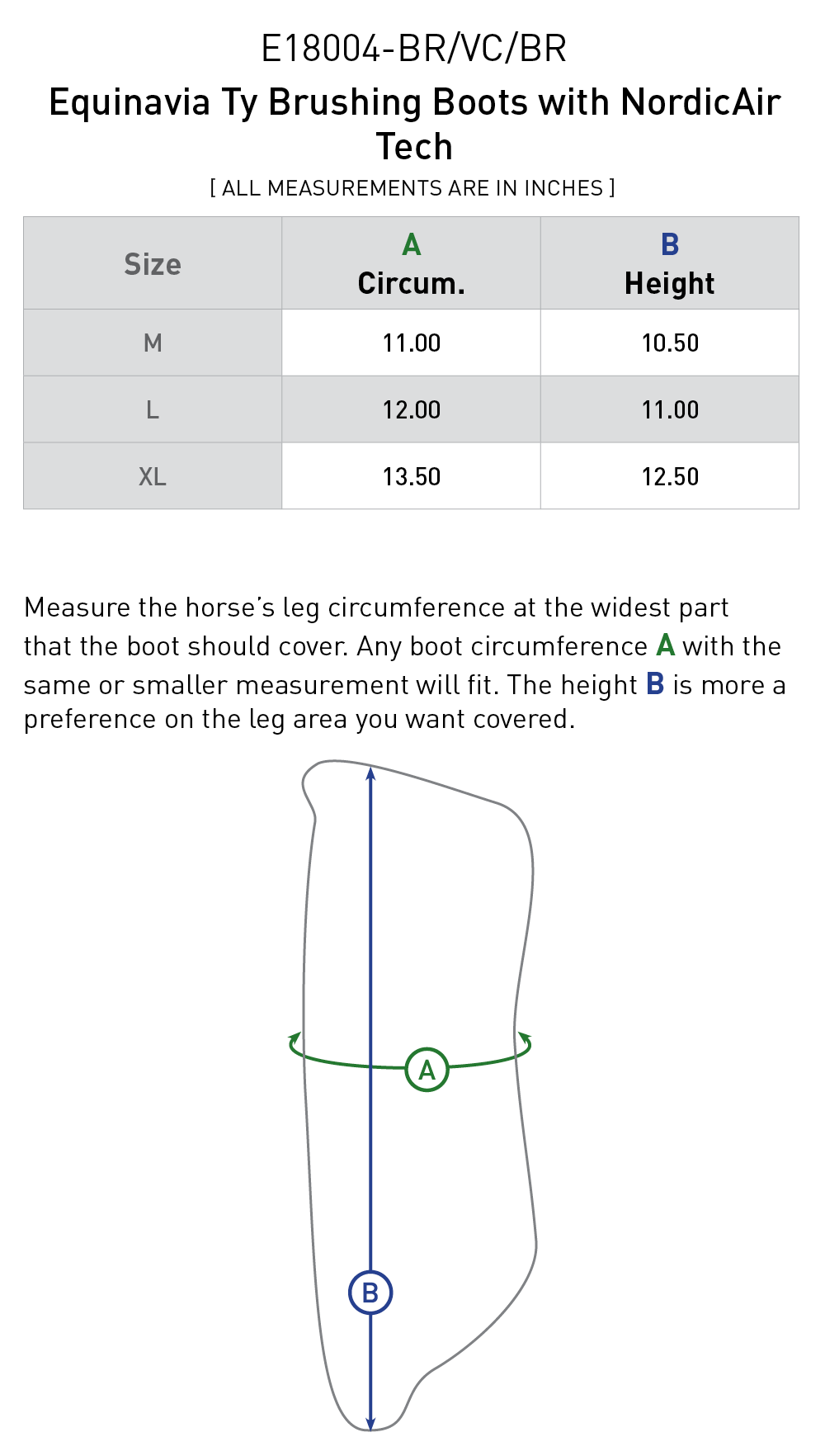 Size chart: Tendon/Galloping Boots
